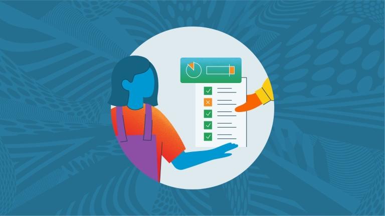Blue splashy background with circle and two people analyzing a to-do list.